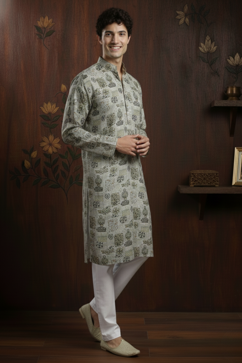 Linen Blend Grey Floral Print Mandarin Collar Regular fit Kurta