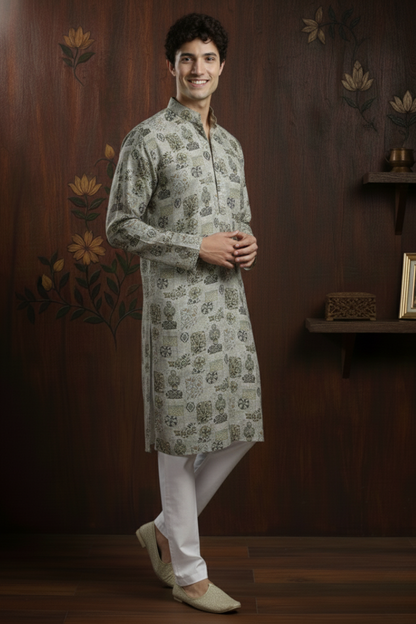 Linen Blend Grey Floral Print Mandarin Collar Regular fit Kurta