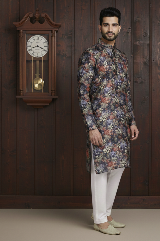 Black Leafy Cotton Digital Print Mandarin Collar Regular Fit Kurta