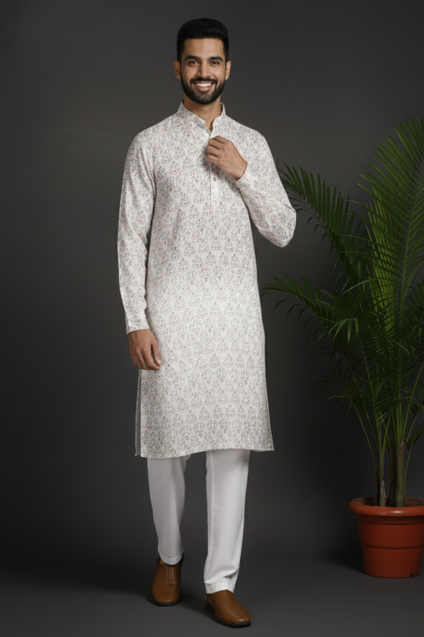 Elegant Embroidery White Cotton Block Print  Mandarin Collar Regular Fit Kurta