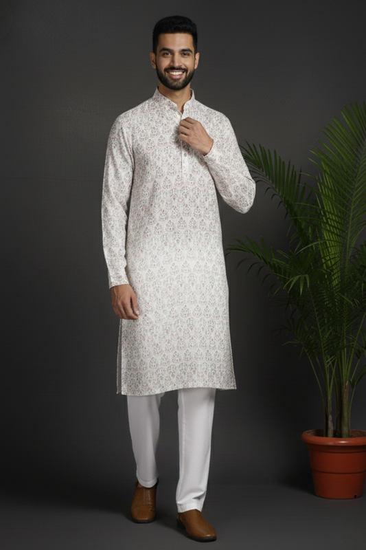 Elegant Embroidery White Cotton Block Print  Mandarin Collar Regular Fit Kurta
