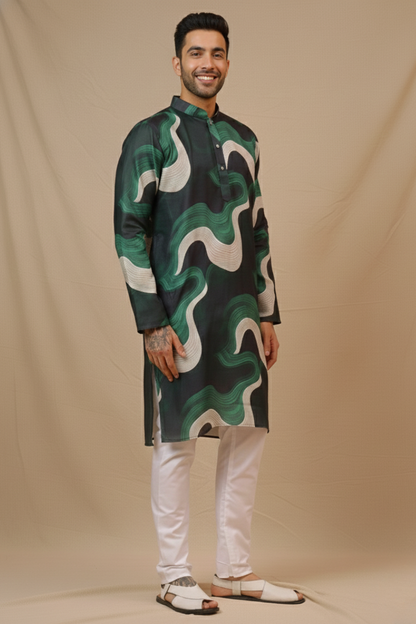 Aqua Green Magic Wavy Print Mandarin Collar Regular Fit Kurta