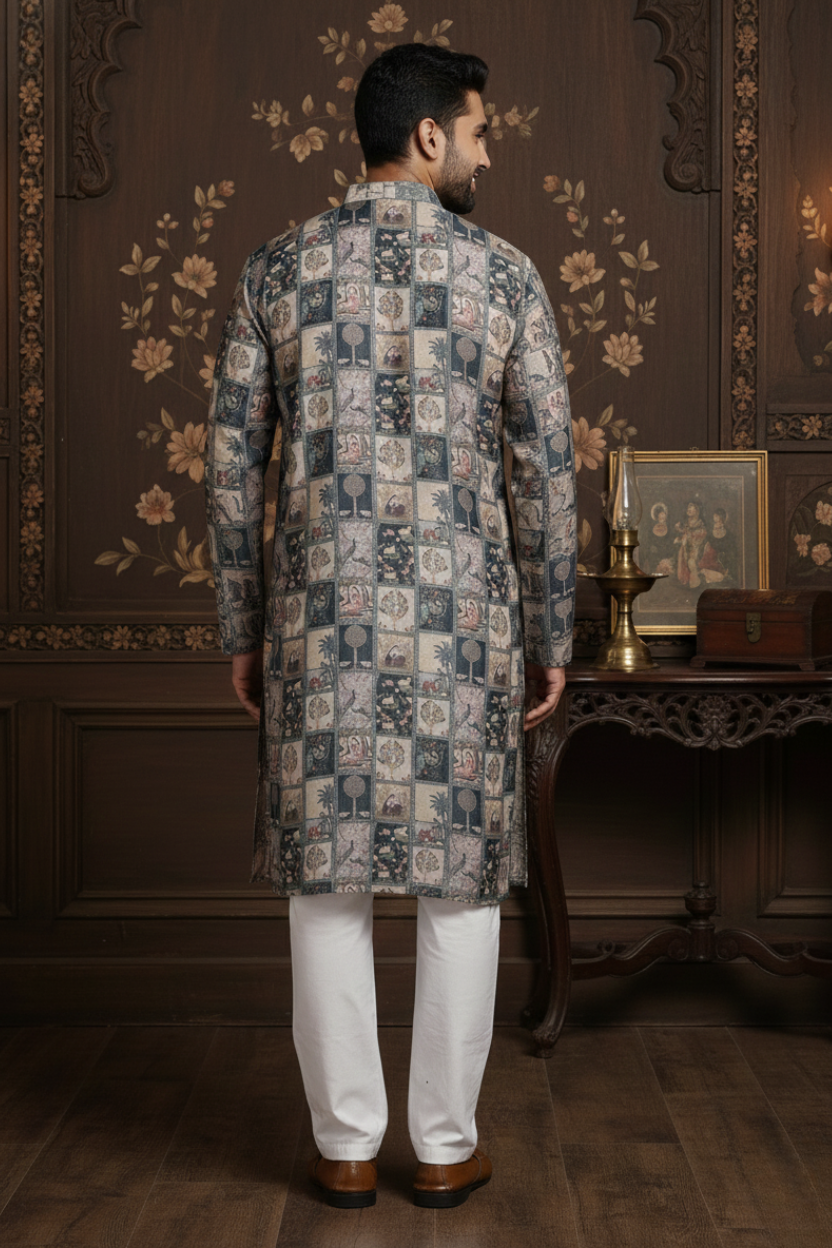 Heritage Offwhite seagreen Box Print Mandarin Collar Regular Fit Kurta