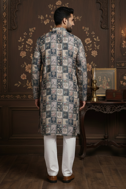 Heritage Offwhite seagreen Box Print Mandarin Collar Regular Fit Kurta