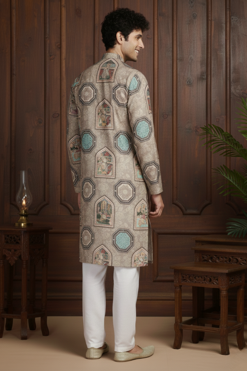 Cultural Brown Cotton Digital Print Mandarin Collar Regular Fit Kurta