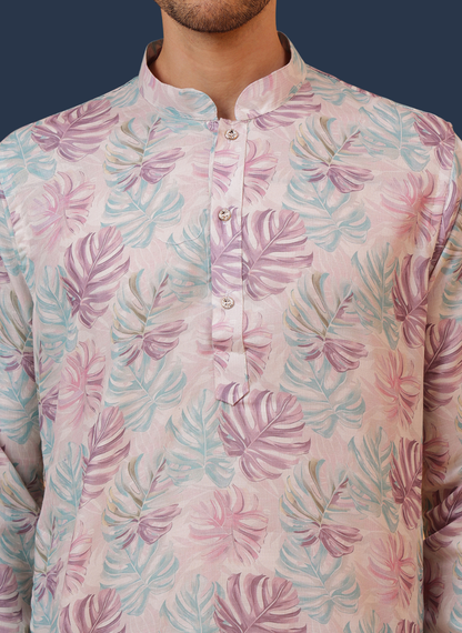 Natural Lavender Floral Print Mandarin Collar Regular Fit Kurta