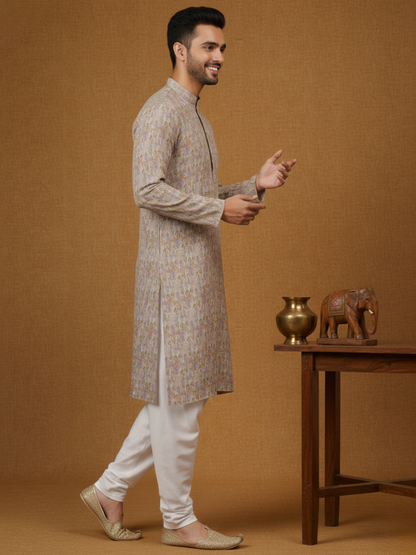 Pure Grey Linen Blend Digital Print Mandarin Collar Regular Fit Kurta