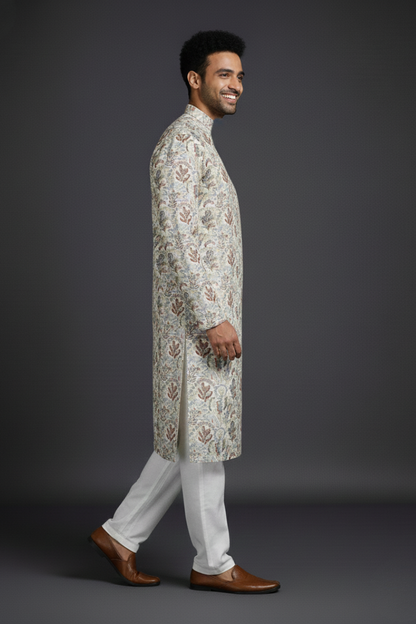 Beige Offwhite Cotton Digital Print Mandarin Collar Regular Fit Kurta