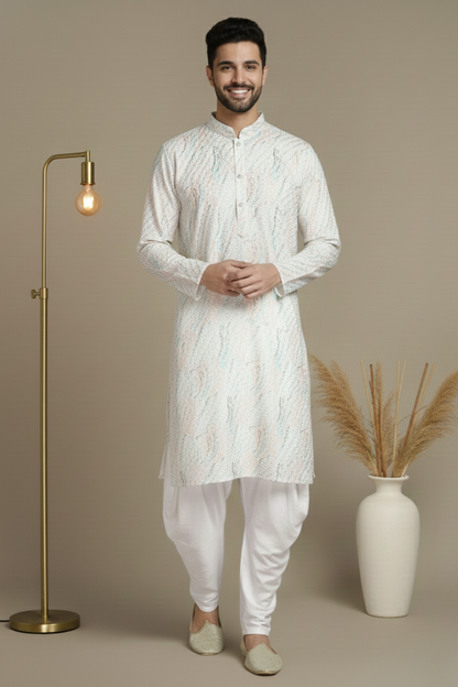 Allover Embroidery White Cotton Block Print Mandarin Collar Regular Fit Kurta