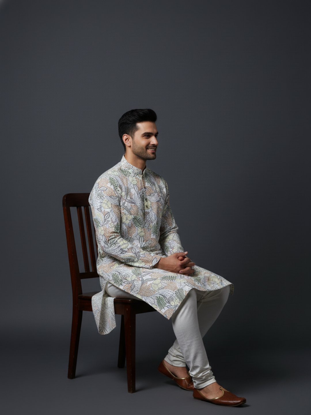 Floral mint green Cotton Block Print Embroidery Mandarin Collar Regular Fit Kurta