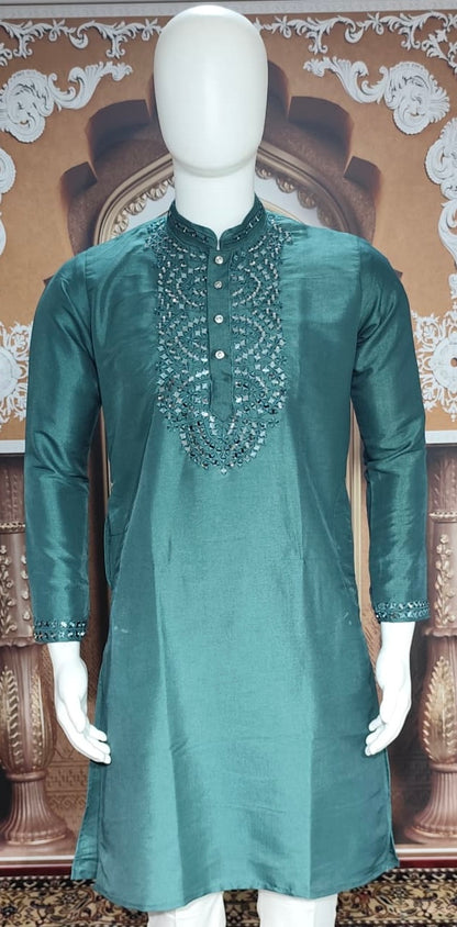 Teal Blue Silk Kurta Real Mirror work