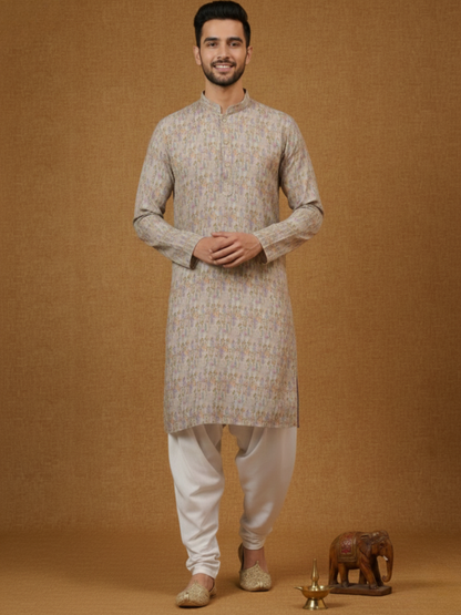 Pure Grey Linen Blend Digital Print Mandarin Collar Regular Fit Kurta