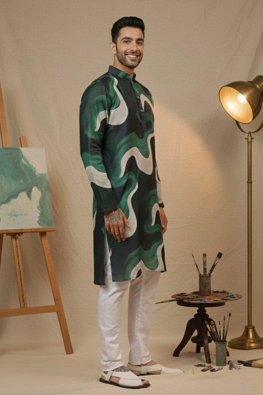 Aqua Green Magic Wavy Print Mandarin Collar Regular Fit Kurta