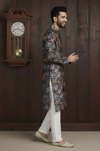 Black Leafy Cotton Digital Print Mandarin Collar Regular Fit Kurta