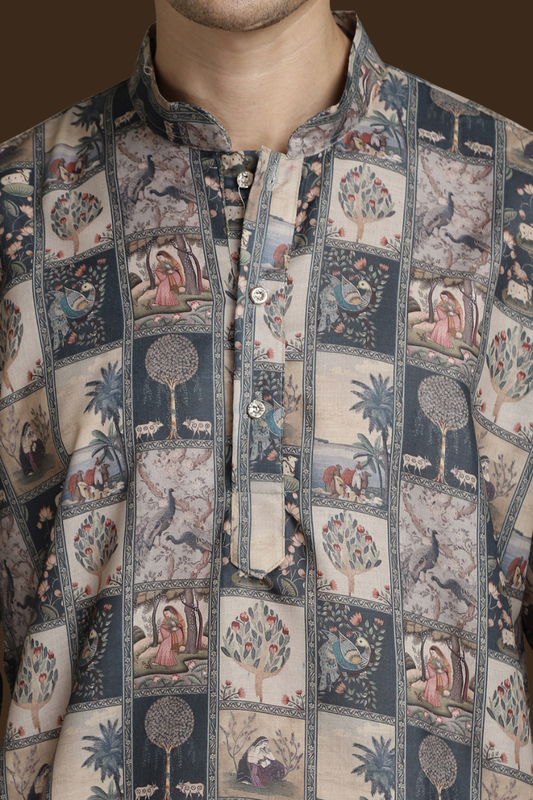 Heritage Offwhite seagreen Box Print Mandarin Collar Regular Fit Kurta