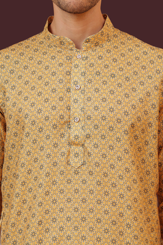 Rich Mustard Cotton Digital Print Mandarin Collar Regular Fit Kurta