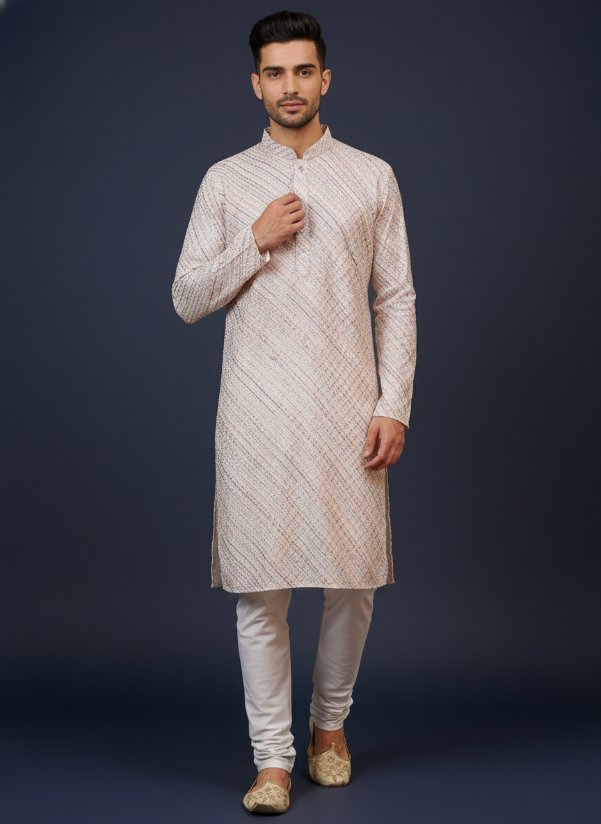 Embroidery White cotton Slant Block Print Mandarin Collar Regular Fit Kurta