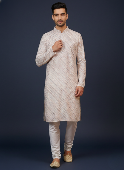 Embroidery White cotton Slant Block Print Mandarin Collar Regular Fit Kurta