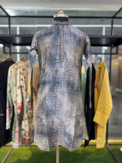 Greygooze printed Mandarin Collar Regular Fit silk Kurta