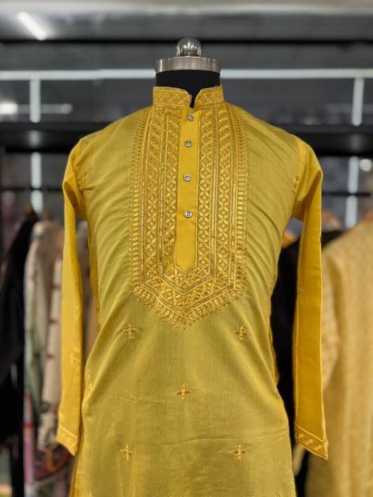 Golden Glow Neck work Sequin Embroidery Mandarin Collar Regular Fit Kurta