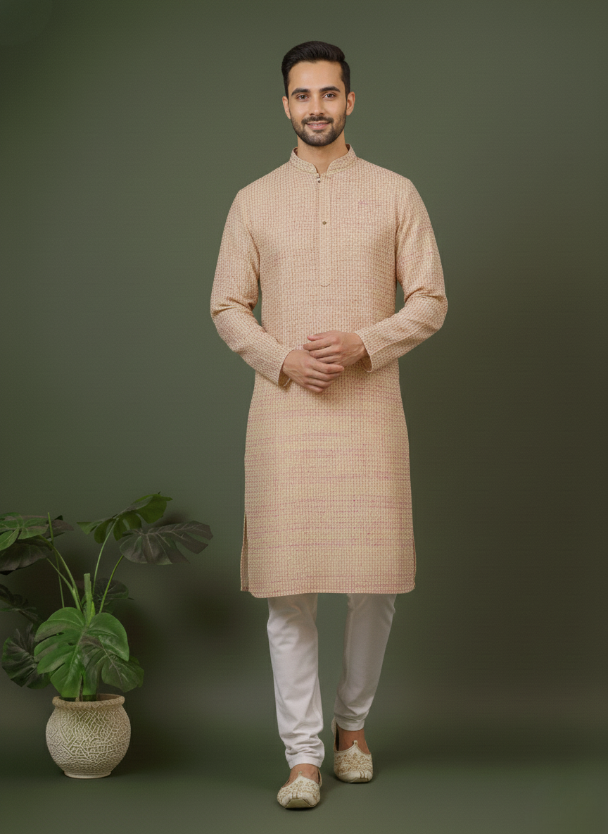 Diamond White Cotton Multi Color Block Print Mandarin Collar Regular Fit Kurta