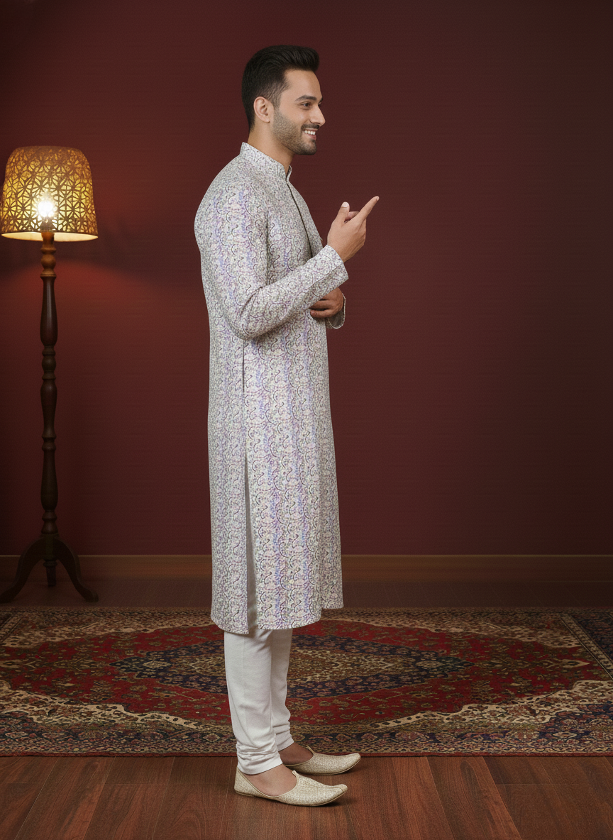 Lavender Love Sequin Embroidery Mandarin Collar Regular Fit Kurta