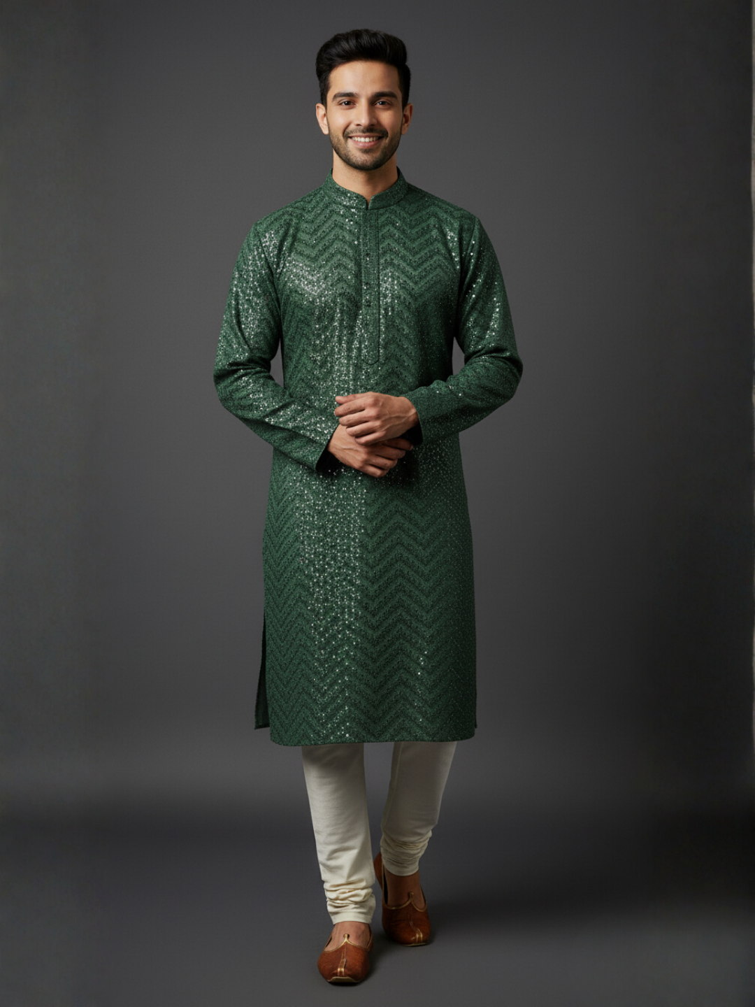Traditional Sequience Embroidery Mandarin Collar Regular Fit Kurta