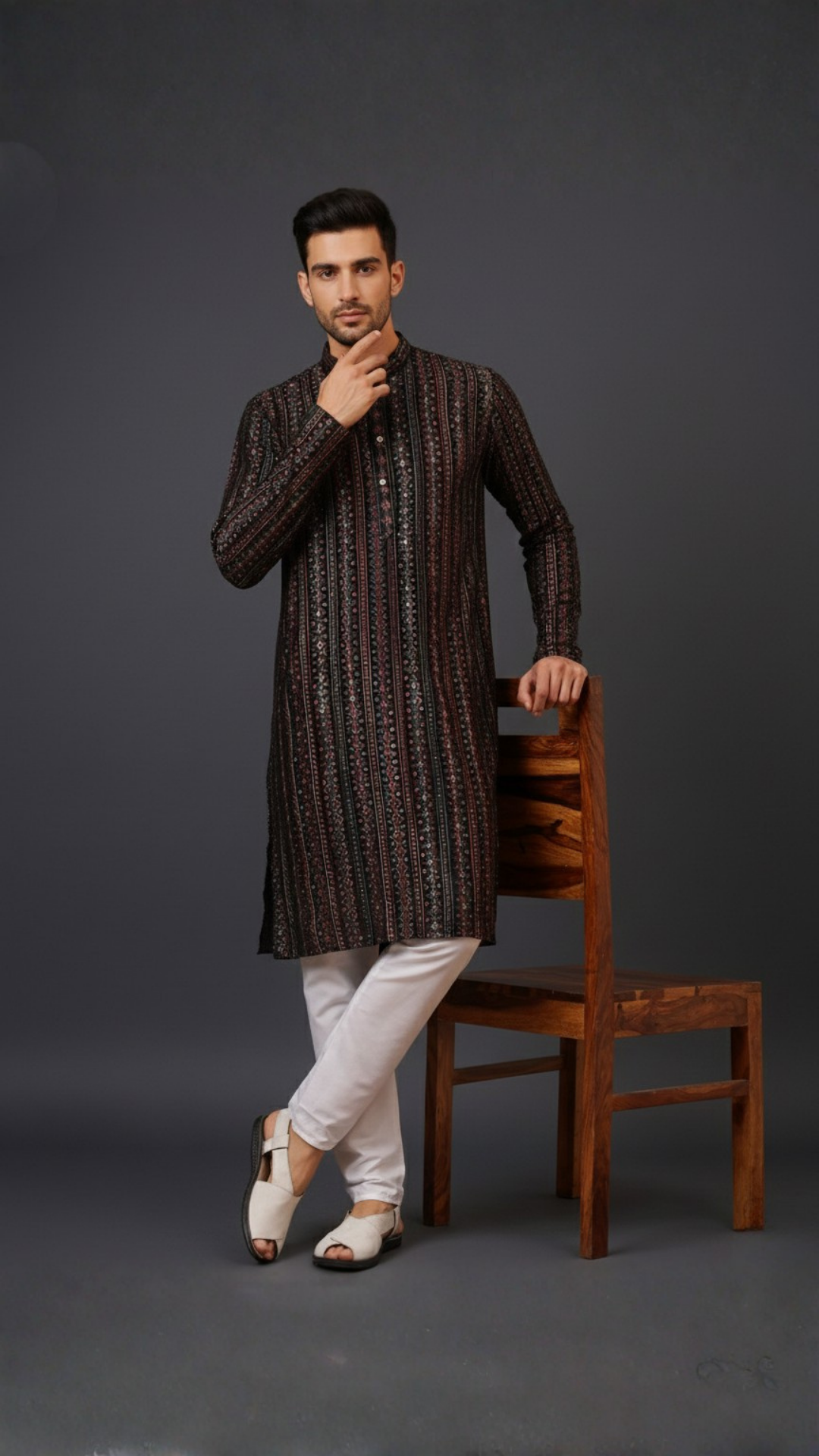 Embroidery Black Cotton Block Print Mandarin collar Regular fit Kurta