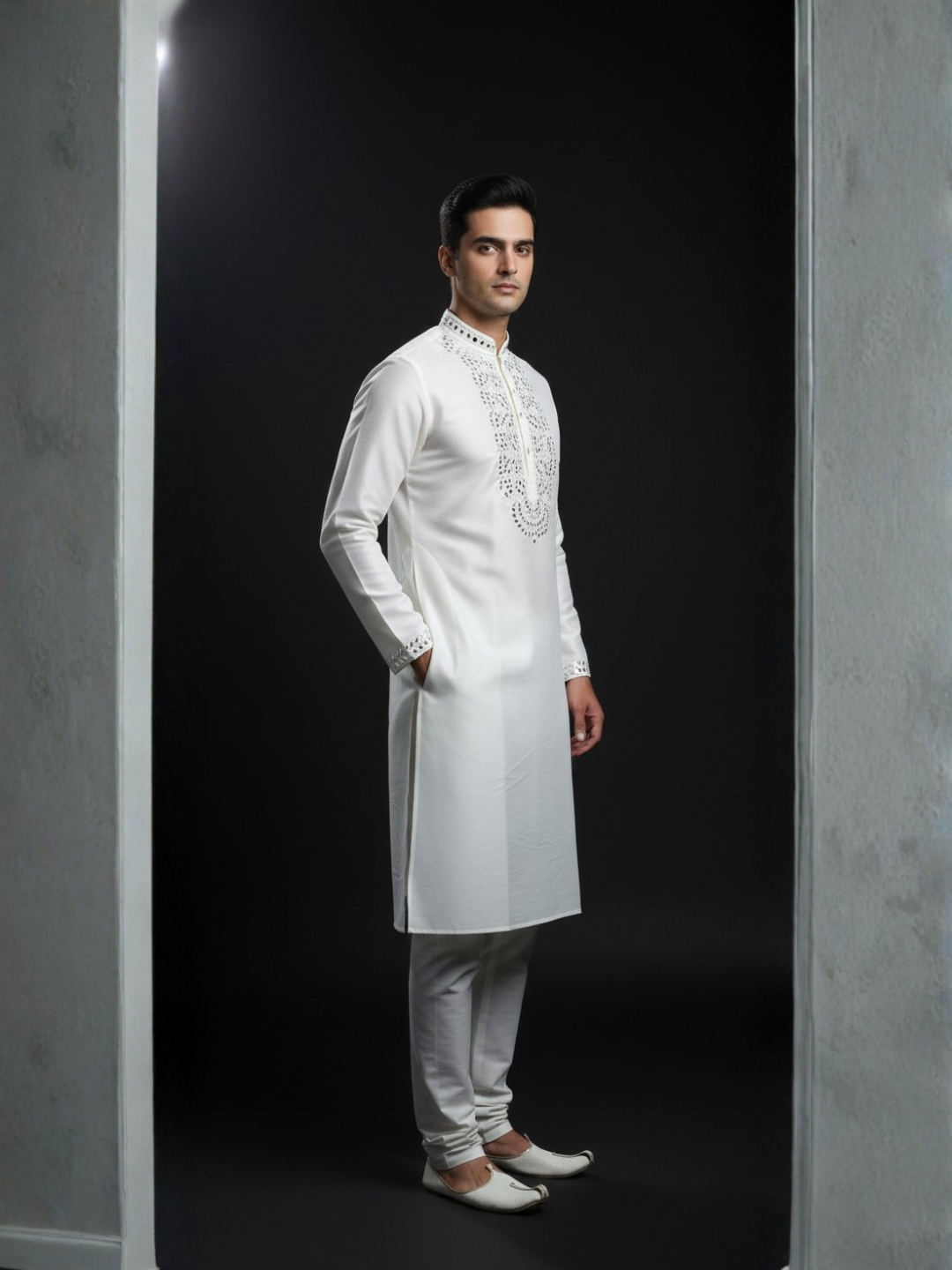 Pristine White Silk Kurta with Intricate Real Mirror Work
