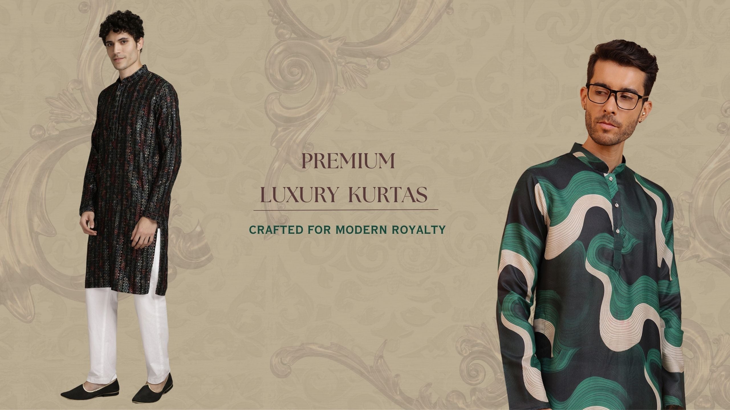 Two men wearing luxury kurtas with decorative patterns on a beige background.