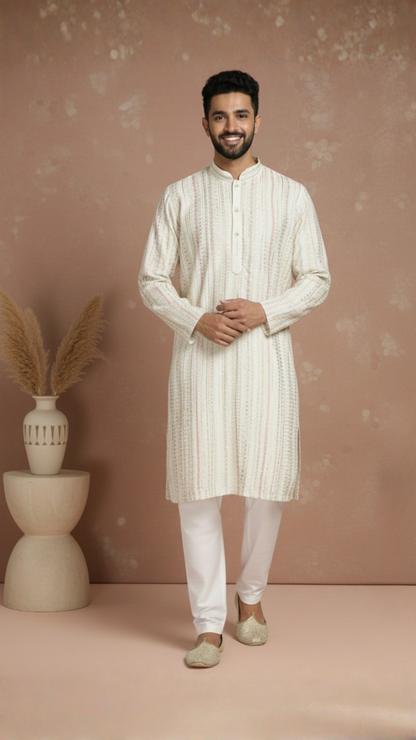 Rich Beige Cotton Block Print Mandarin Collar Regular Fit Embroidery designer Kurta