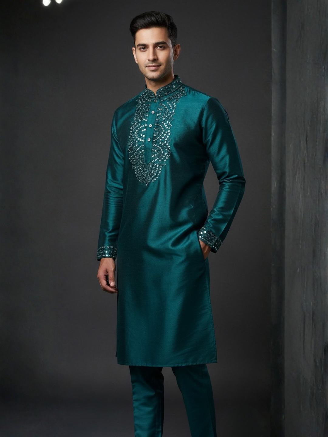 Teal Blue Silk Kurta Real Mirror work