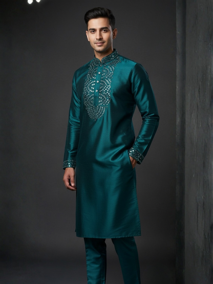 Teal Blue Silk Kurta Real Mirror work