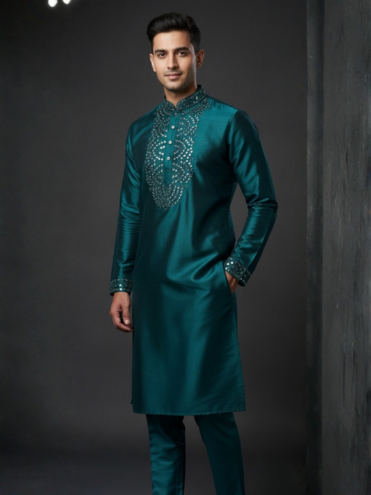 Teal Blue Silk Kurta Real Mirror work