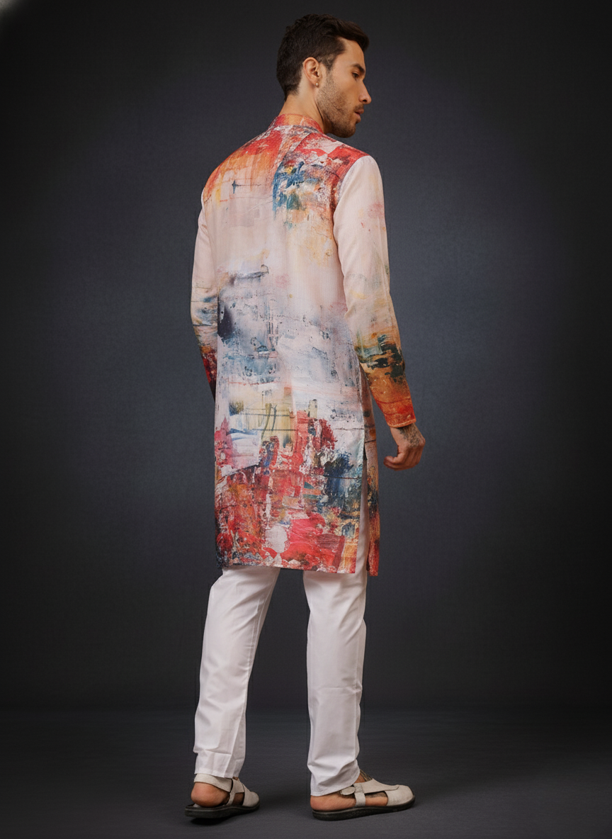 Artistic Red Mandarin Collar Regular Fit Kurta