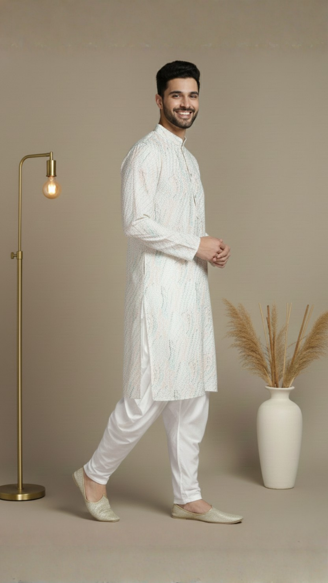 Allover Embroidery White Cotton Block Print Mandarin Collar Regular Fit Kurta