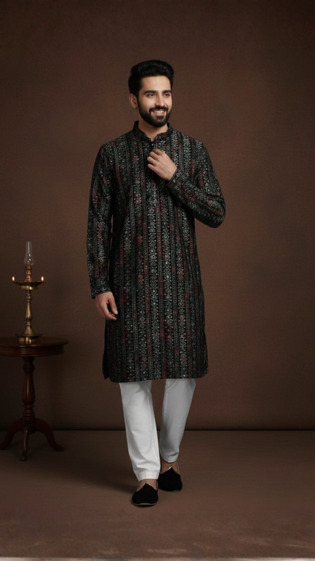 Black Stripes Cotton Block Print Mandarin Collar Embroidery designer Regular Fit Kurta