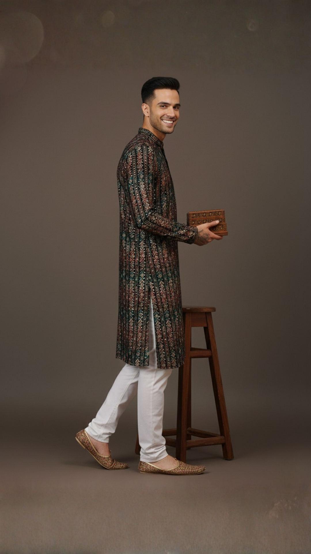 Black Stripes Cotton Multi Print Mandarin Collar Embroidery Designer Regular Fit Kurta