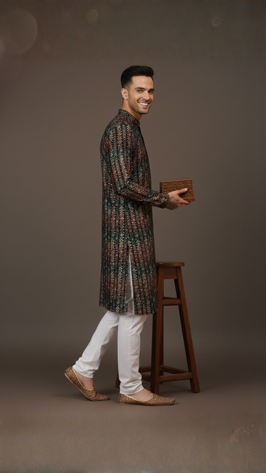 Black Stripes Cotton Multi Print Mandarin Collar Embroidery Designer Regular Fit Kurta