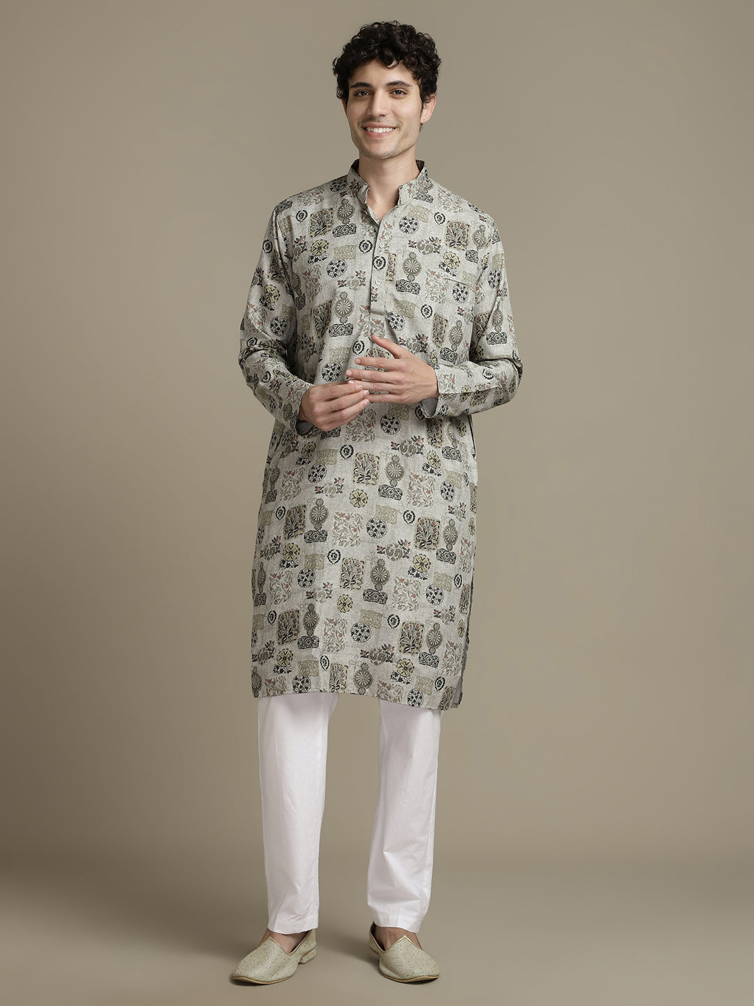 Linen Blend Grey Floral Print Mandarin Collar Regular fit Kurta