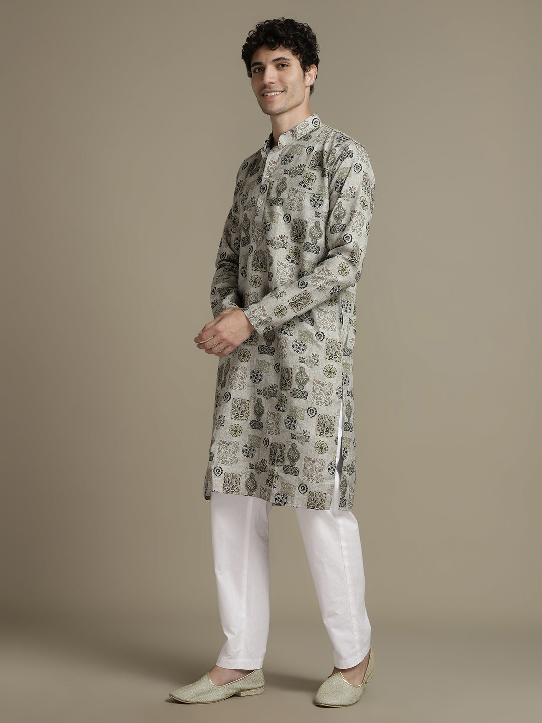 Linen Blend Grey Floral Print Mandarin Collar Regular fit Kurta