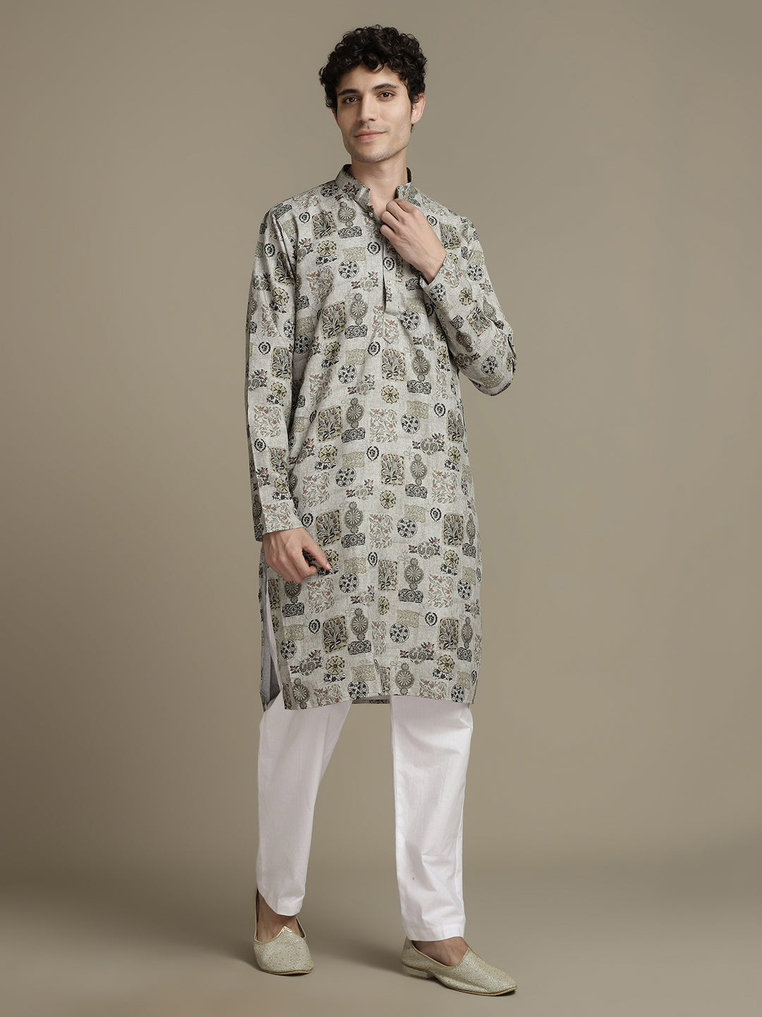Linen Blend Grey Floral Print Mandarin Collar Regular fit Kurta