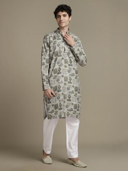 Linen Blend Grey Floral Print Mandarin Collar Regular fit Kurta