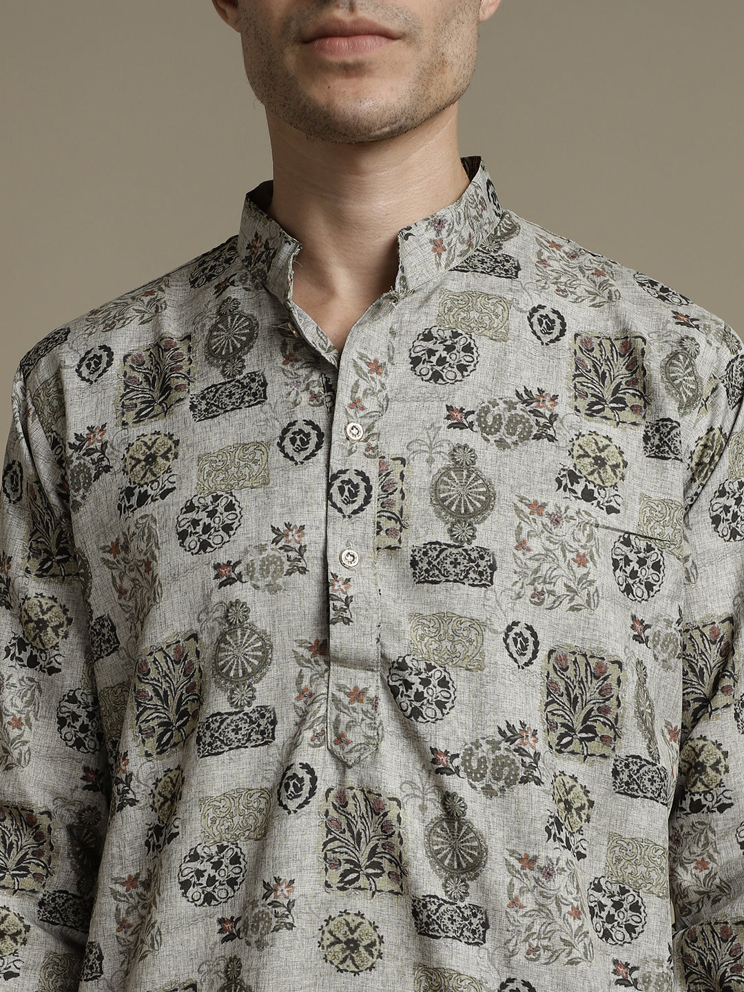 Linen Blend Grey Floral Print Mandarin Collar Regular fit Kurta