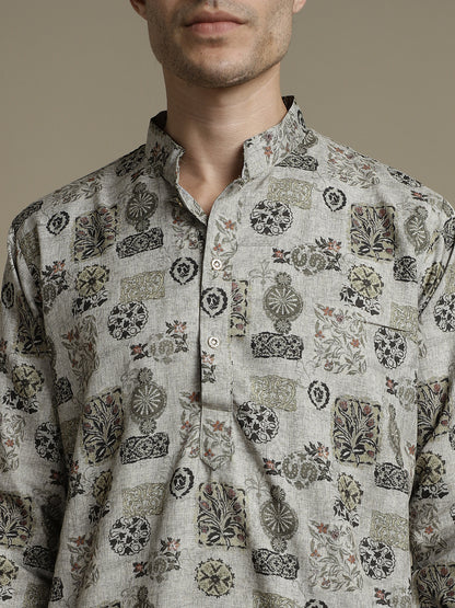 Linen Blend Grey Floral Print Mandarin Collar Regular fit Kurta