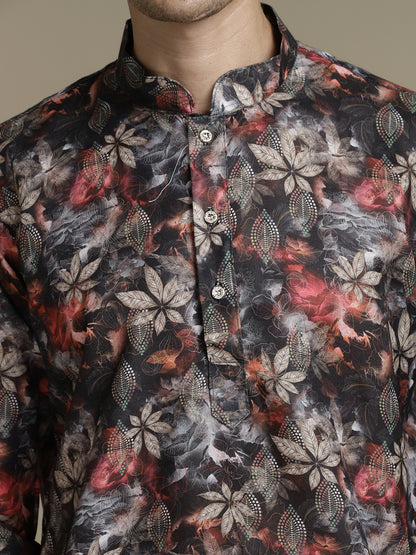 Black Leafy Cotton Digital Print Mandarin Collar Regular Fit Kurta