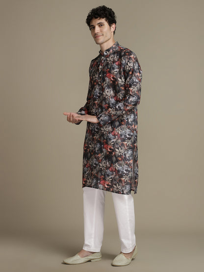 Black Leafy Cotton Digital Print Mandarin Collar Regular Fit Kurta
