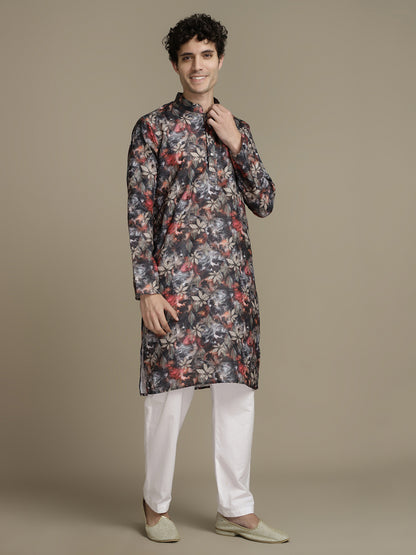 Black Leafy Cotton Digital Print Mandarin Collar Regular Fit Kurta