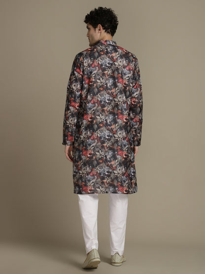 Black Leafy Cotton Digital Print Mandarin Collar Regular Fit Kurta