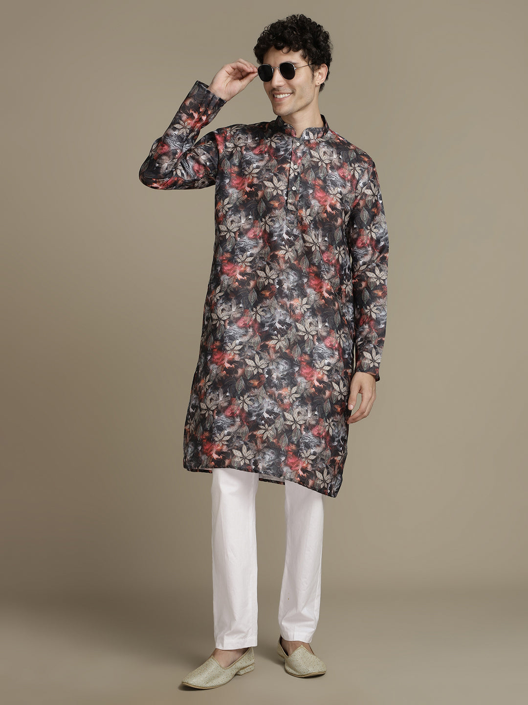 Black Leafy Cotton Digital Print Mandarin Collar Regular Fit Kurta